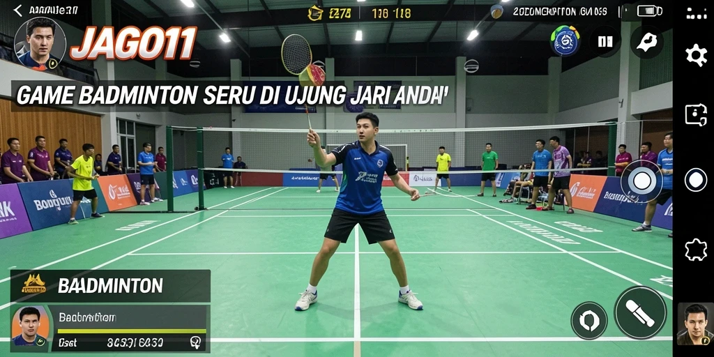 Screenshot utama JAGO11 menampilkan gameplay bulu tangkis yang menarik.