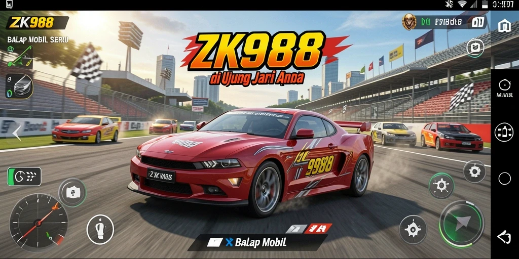Screenshot menunjukkan balapan mendebarkan dalam ZK988 dengan mobil beraksi.